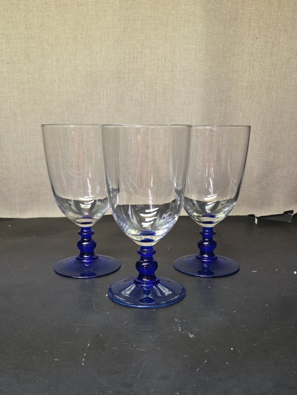 Libbey‎ Metropolis Cobalt Blue Stem Clear Bowl Water Goblets Glasses Set 3